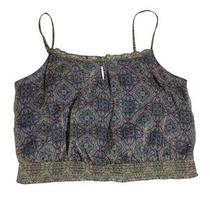 American Eagle Boho Smocked Chiffon Crop Top Size L Round Neck Spaghetti Strap